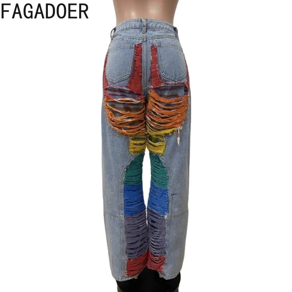 FAGADOER Vintage Fashion Gradient Denim Pants Women Blue Zipper Tassels Patchwork Jeans Female Streetwear Bottoms 2025 New