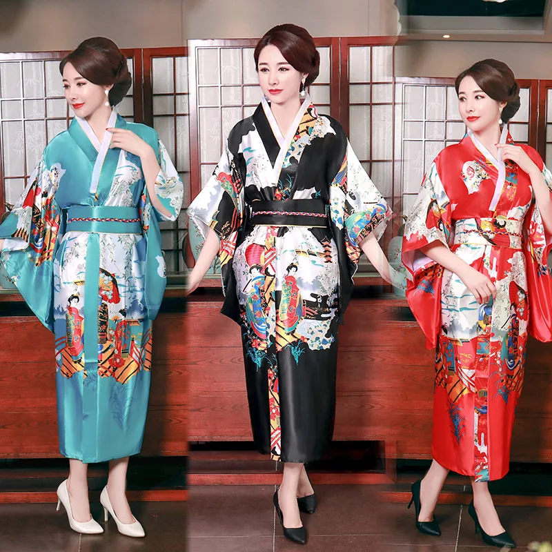 Print Geisha Robe Novelty Female Elegants Kimonos Sexy Yukata with Obi Traditional Japan Kimono Gown Performance Cosplay Costume