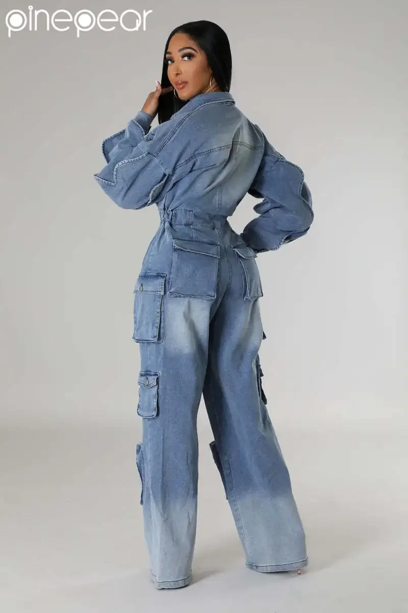 PinePear 2025 Women Denim Multi Pockets Cargo Jumpsuits Turn Down Collar Long Sleeve Loose Jeans Overalls Wide Leg Pants Rompers