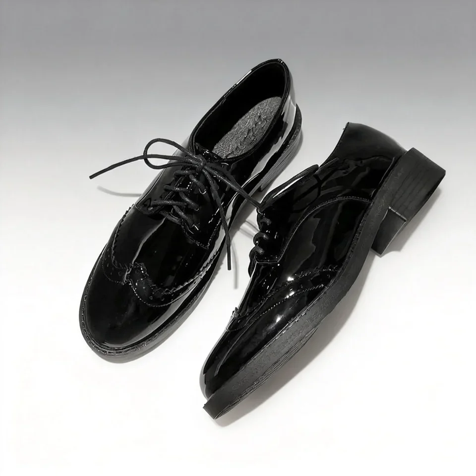 Damen Oxford Flats Brogue Leder Schwarze Büroschuhe Frühling Herbst Bequeme Außensohle Damen Ballett Derby Flats – Detail 6