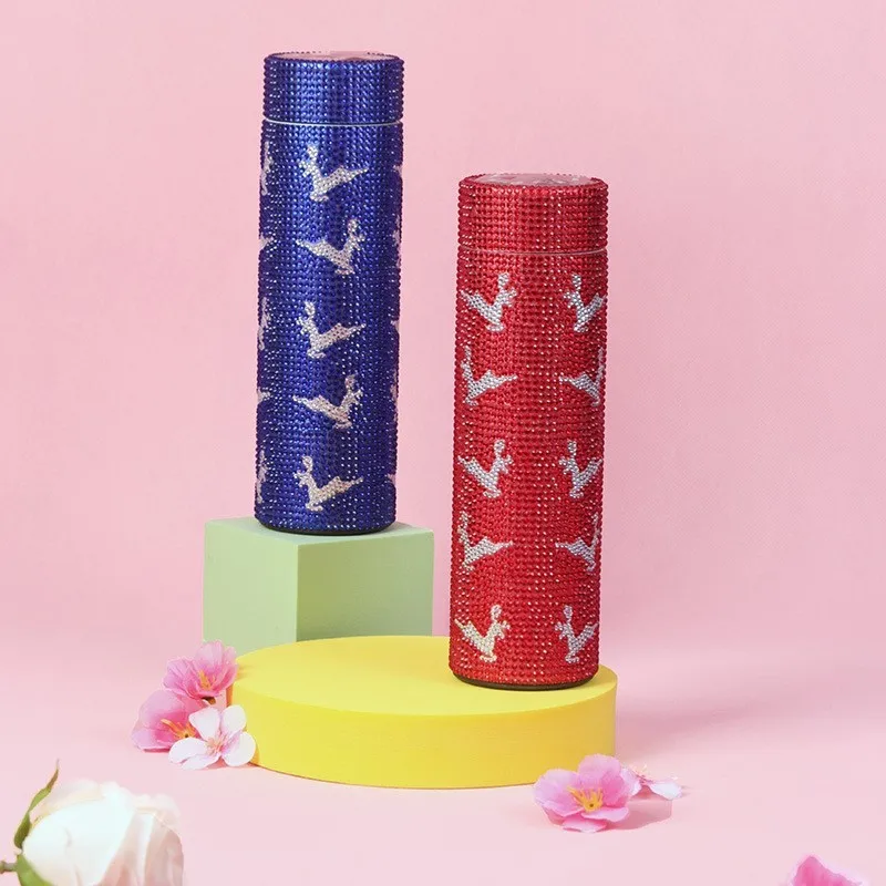 Digital Thermometer Tumbler Christmas Deer Rhinestone Grip Cup Hot-Fix Czech Thermos Glitter Stainless Steel Vacuum Drinkware