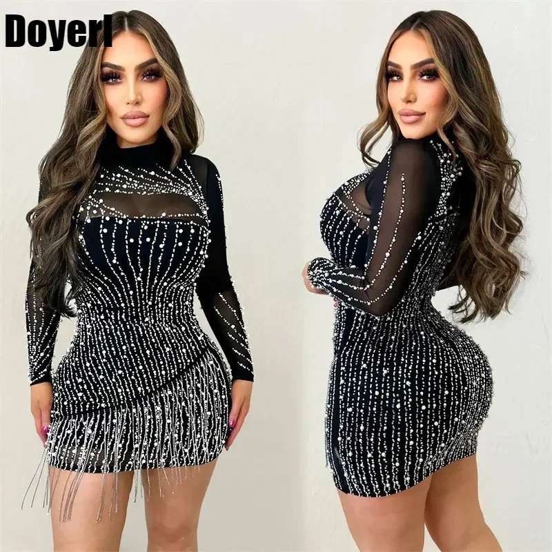Brilhante diamantes strass borla vestido de aniversário para mulheres boate festa pura malha retalhos manga longa bodycon mini vestido