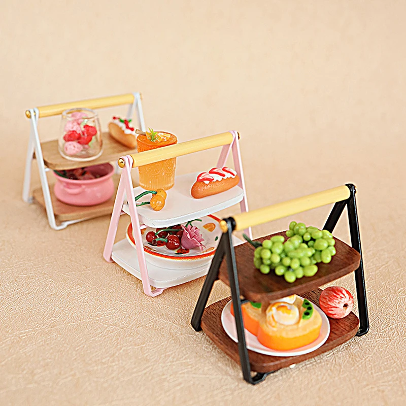 ชั้นวางถาดสองชั้นขนาดจิ๋วสำหรับบ้านตุ๊กตา 1 ชิ้น พร้อมที่วางอาหารจำลองขนาดเล็ก อุปกรณ์ตกแต่งฉากครัวบ้านตุ๊กตา