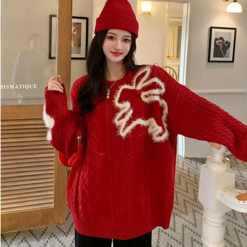 

Новая осенне-зимняя женская одежда, модный свободный красный свитер в ленивом стиле, элитный новогодний рождественский наряд, вязаный свитер