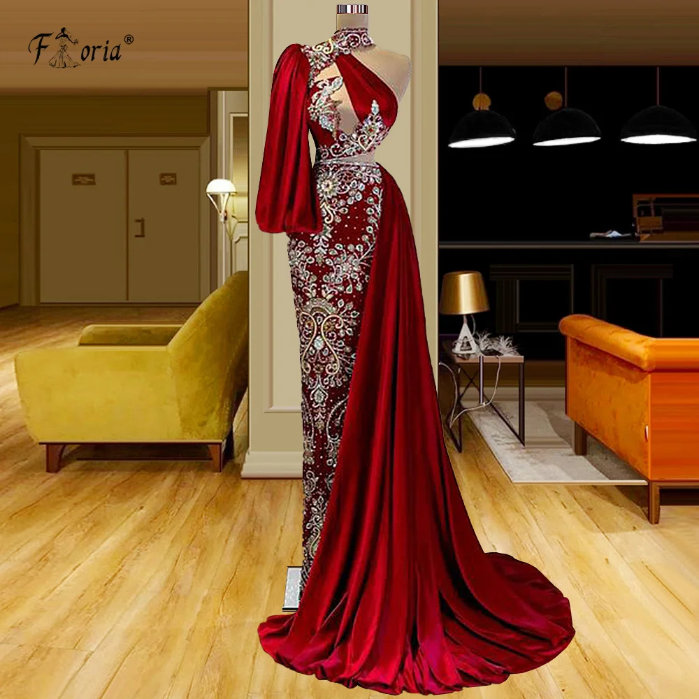 Vintage Samt Elegante Rote Meerjungfrau Prom Kleider Perlen Strass Schulter Frauen Lange Abend Pageant Kleider Robes De Mariee