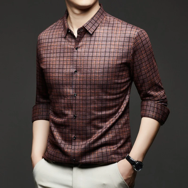   قميص رجالي مكون من مزيج الصوف والحرير - تصميم بدون خياطة باللون الأخضر (الأحمر).    ملابس رجال الأعمال غير الرسمية للخريف متعددة الاستخدامات #1