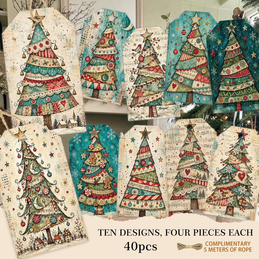 40pcs, Gift Tags, Folk Collage Christmas Tree, Hanging Paper Labels for Gift Wrapping, Holiday Party Decor with String