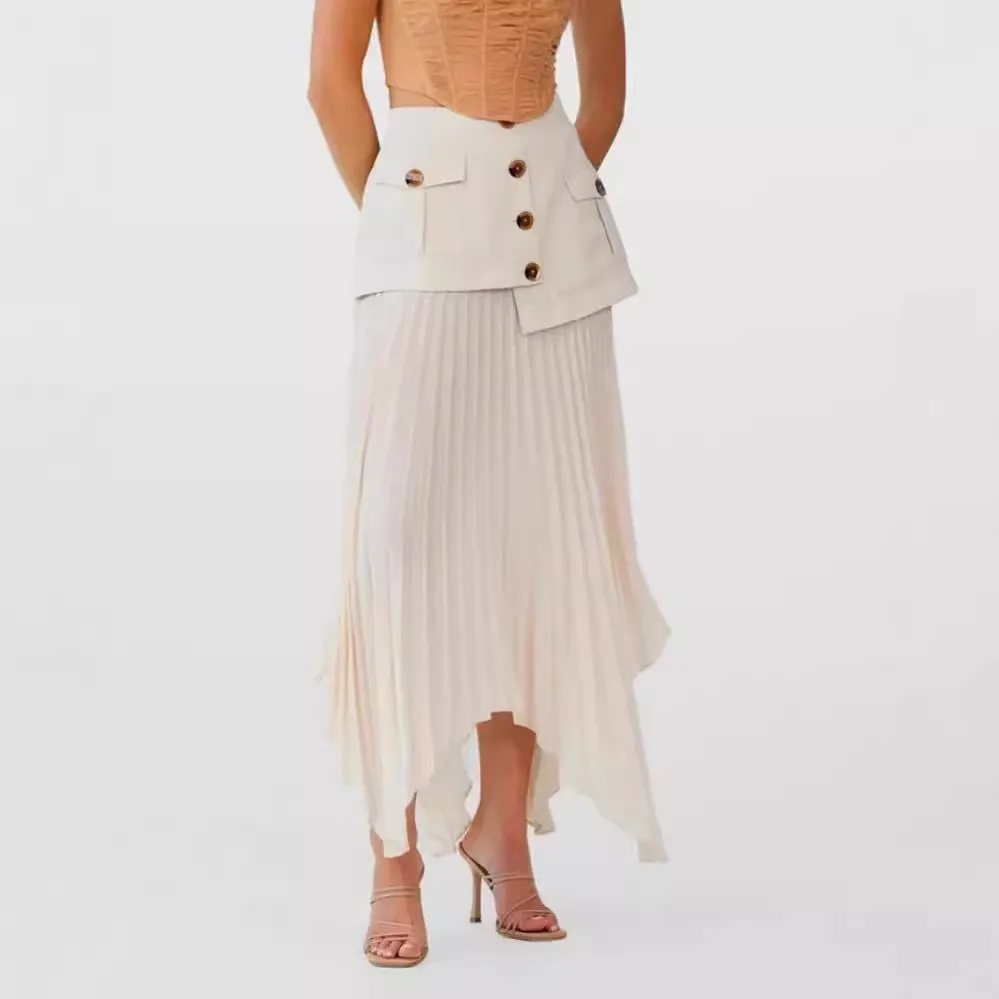 Patchwork Asymmetrical Hem Skirt with Elegant Style Maxi Length No Stretch Panelled Construction Long Length Autumn Women Skirt