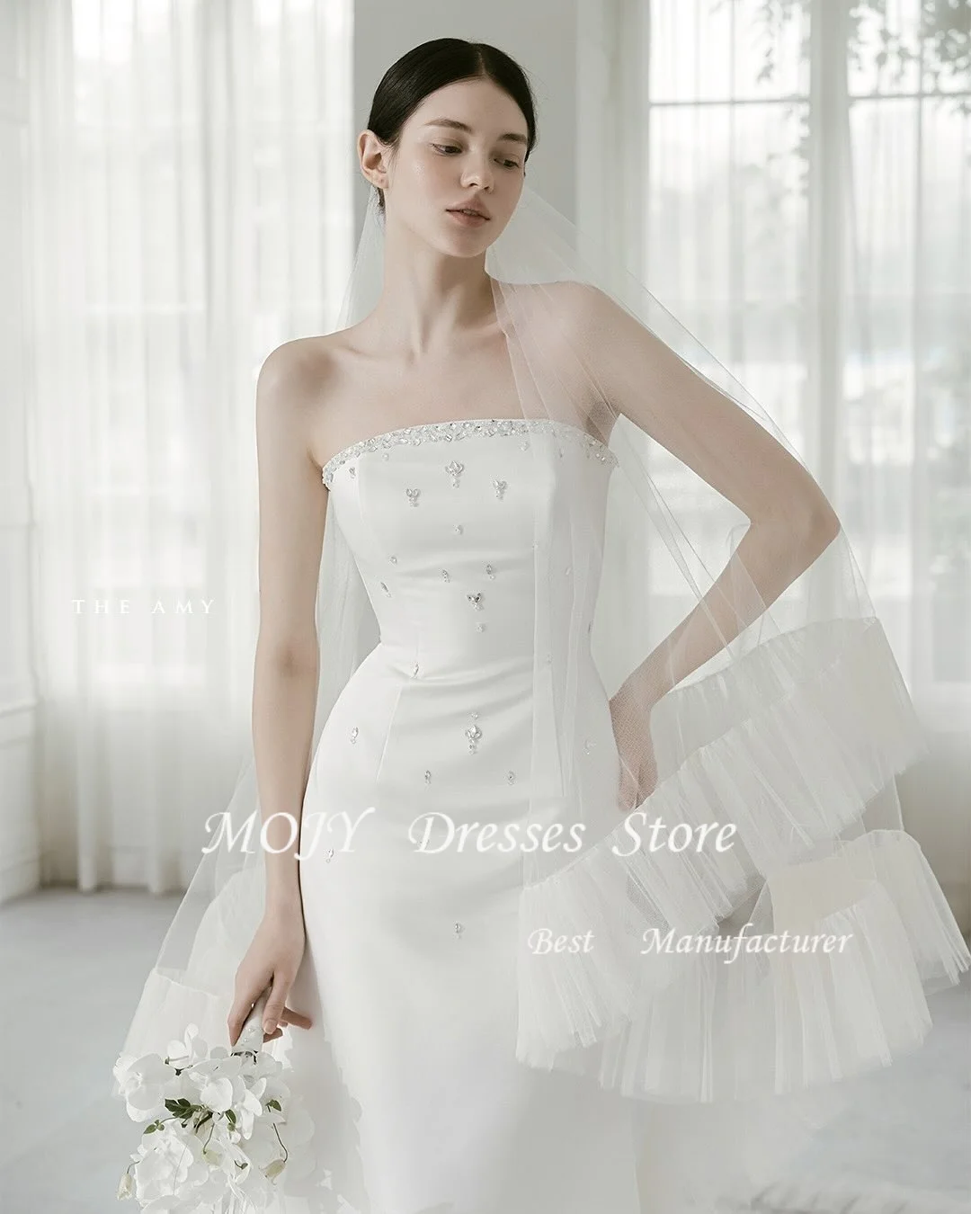 Mojy Abiti da sposa senza spalline personalizzati senza maniche in raso con perline Abiti da sposa con spacco laterale piuttosto bianco Sposa da donna