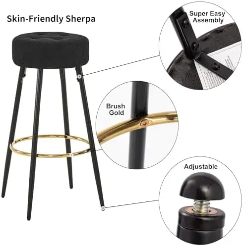 26" Leather Round  Stools Counter Stools Set of 2 Modern Upholstered Dining Chair Stool with Gold Footrest for Kitchen Coffe