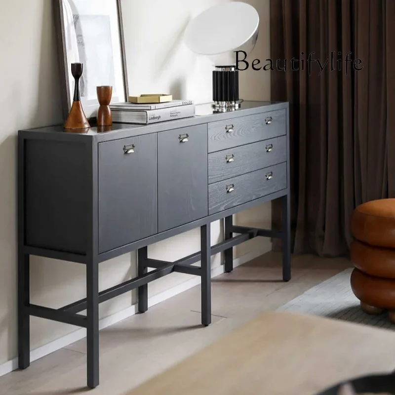 

Nordic all solid wood porch cabinet, retro dining side cabinet, locker, modern 3 pumping chest cabinet, black storage cabinet