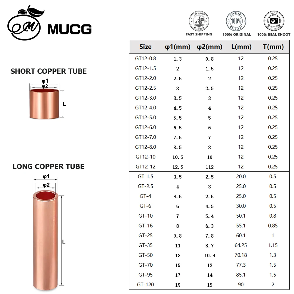 2/4/6/8/10/20/30/50/100pcs GT Copper Connecting Pipe Wire Joint Copper Tube Terminal Cable Lug Connection Tube Wire Connector