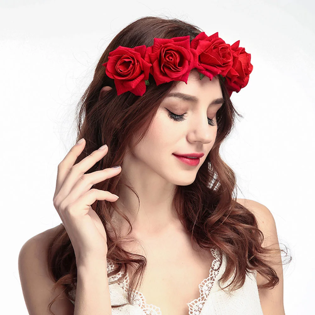 

Elegant Rose Flowers Hair Band Hair Photo Props for Wedding Party Cosplay Holiday (Red) rose hair hoop