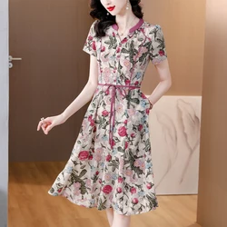 Summer New Silk Luxury elegante Casual Midi Dress Women Chic Floral Festival abito da sera Vintage Bodycon Party Robe Dress