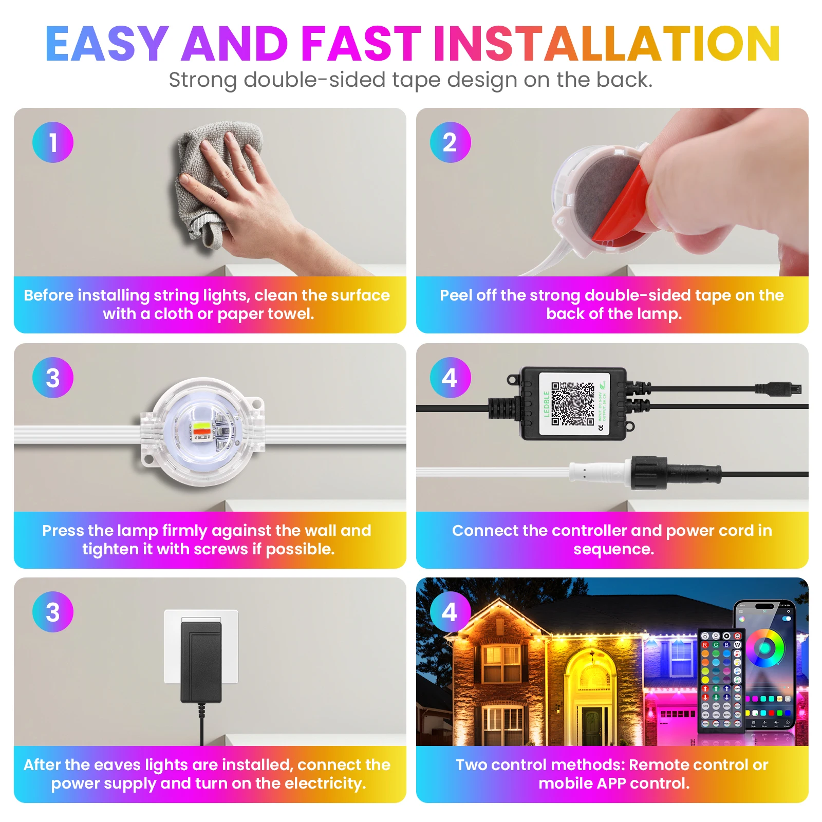 15M 30M 60M 90M RGBCCT Eaves Lights with Bluetooth App Control 44Key Remote DIY Scene Modes IP67 Waterproof Outdoor Lighting