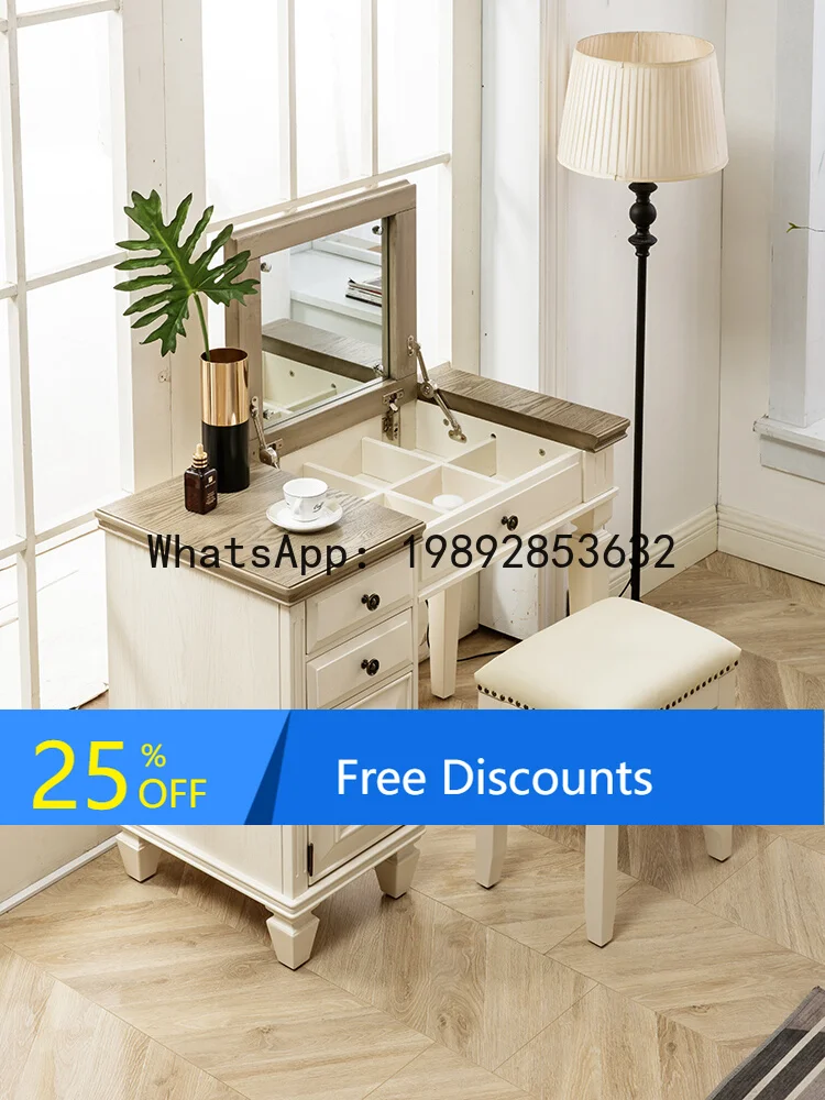 

Light Luxury Dressing Table Pure Solid Wood Mediterranean Style Color-blocking Bedroom Flip-top Makeup Table Mirror