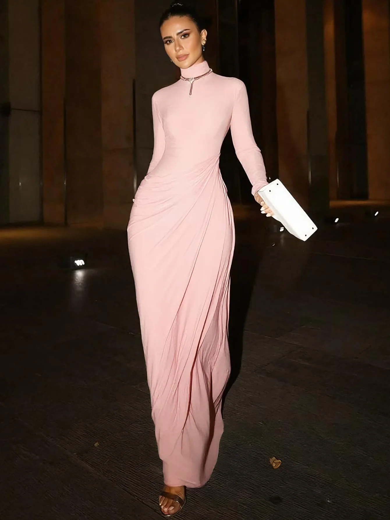 Dulzura Autumn Fashion Elegant High Collar Long Sleeve Ruched Slim Fit Long Dress Women'S Solid Casual Party Club Street Clothes image 5