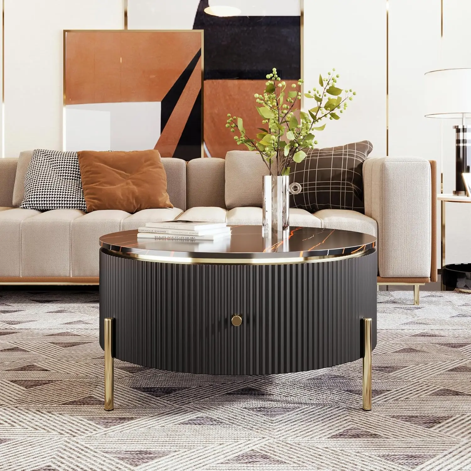 

Round Coffee Table with Storage, 31.5" Modern Coffee Table Accent Table with Marble Pattern 2 Large Drawers Storage, Customized