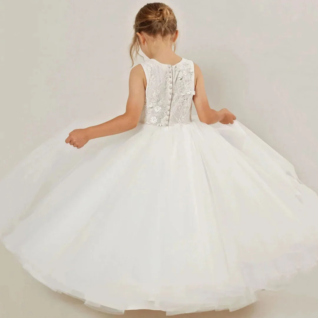 Customized Wedding Appliques Tulle Sleeveless  Ivory Flower Girl Dress Elegant Kids First Communion Bridesmaid Pageant Gown