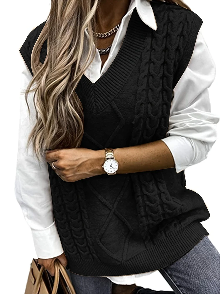 Plus Size Preppy Sweater Vest, Women\'s Plus Solid Argyle Knit V Neck Slight Stretch Vest