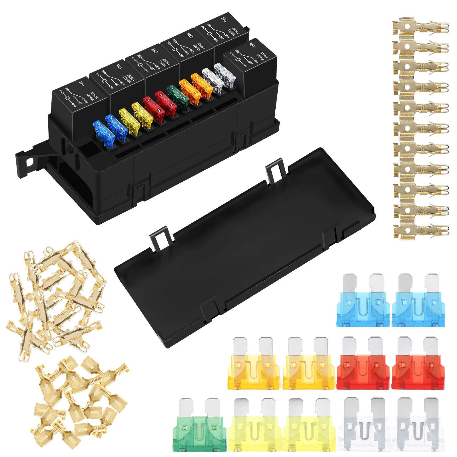 12V Fuse Relay Box Kit 52 Crimp Terminals 11 ATC/ATO Fuse and 6 Relay Waterproof Car Fuse Relay Box Block for Car Truck RV Boat