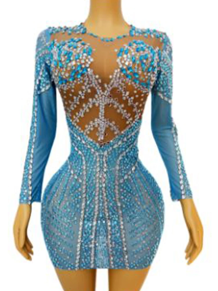 

High Quality Hot Diamond Elastic Sexy Buttocks Wrapped Blue Dress 2024 New Fashion Custom Women'S Clothing