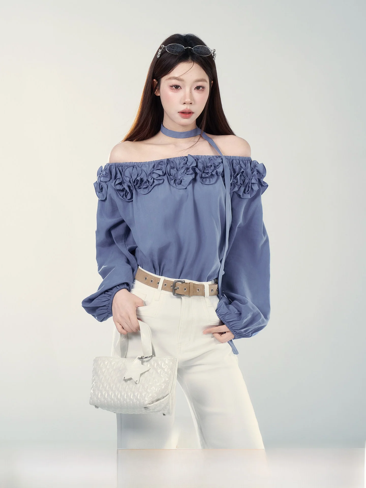 

Blue One-oulder irt Women's Ele Pure Desire Sle Spring 2026 New Arrival Korean Version Loose Fit Long Sve Top