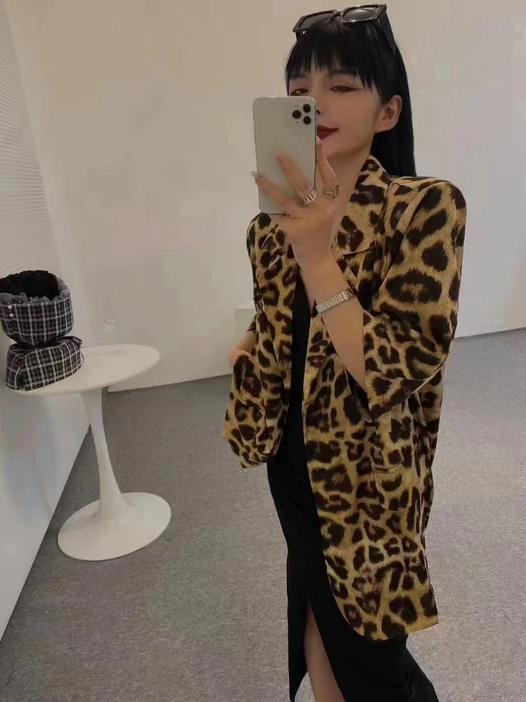 Summer Leopard Print Short Sleeve Blazers Women Jackets Thin Top Vintage Suit Shirt Buttons Loose Office Ladies Korean Coats