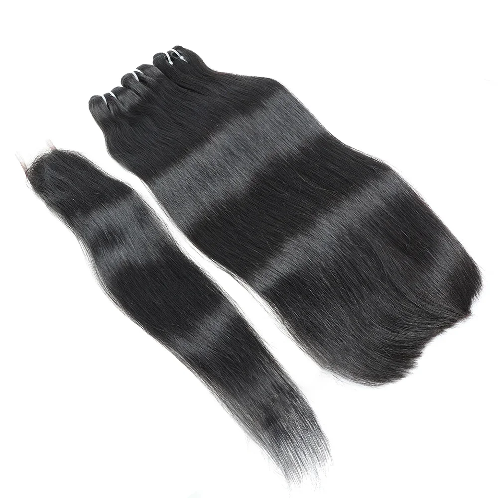2x6 Lace Closure 22 Inch Human Hair Bundles Straight Closure 100% Human Hair Brazilian DD Remy Weave 3 Bundles with Closure