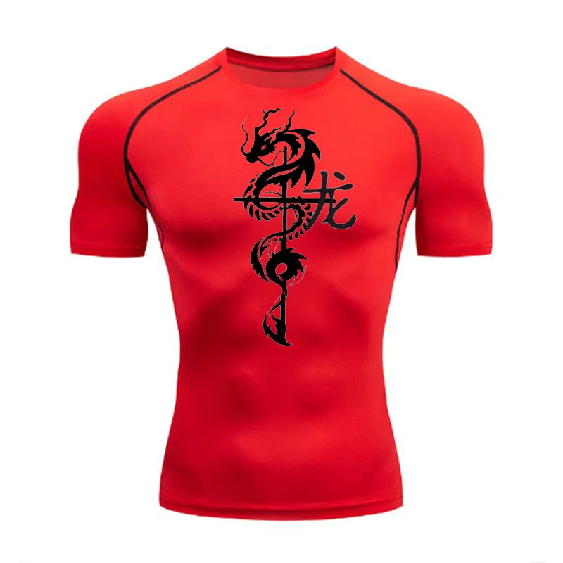

Dragon print men's sports fitness tights T-shirt quick-drying sports top