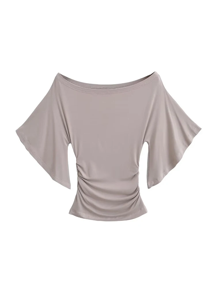 Summer Korean Style Women's Slim Fit Top with Sexy Bat Sleeves Off-Shoulder T-Shirt Slanted Collar Solid Color Waistband