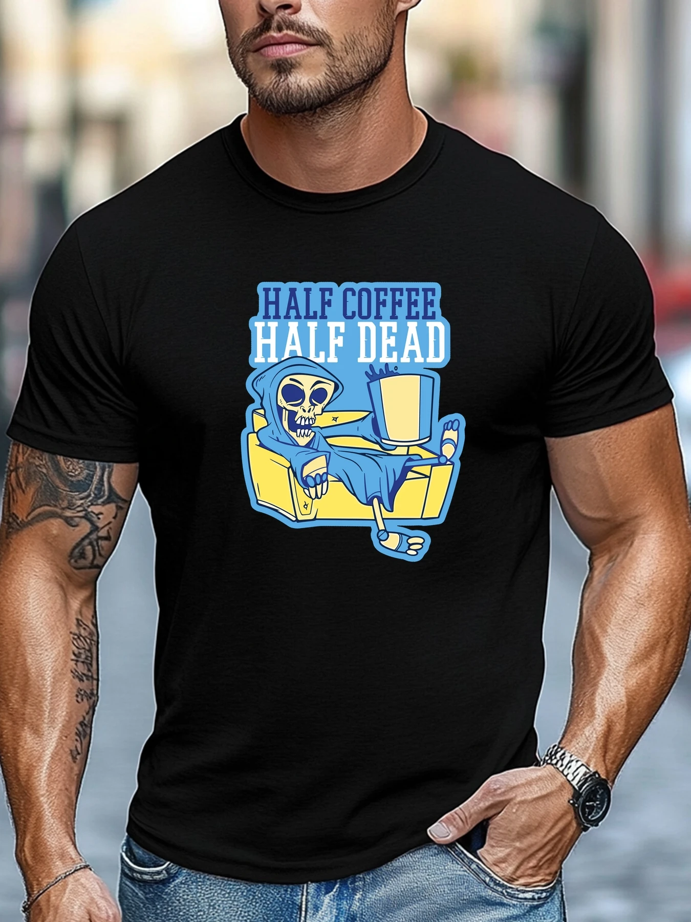 

Short sleeve T-shirt HALF COFFEE HALF DEAD Graphic Summer Soft Comfort Fit Tee Daily Wear Tops