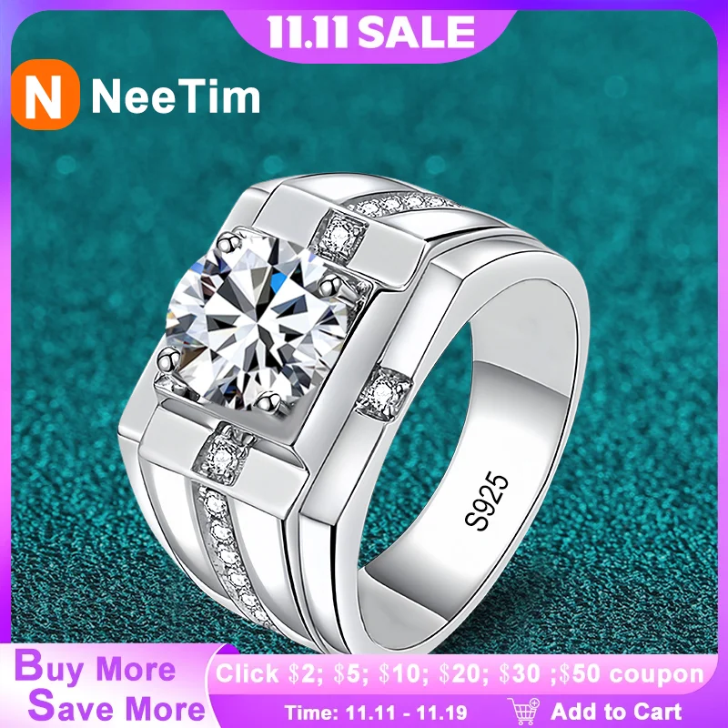 

NeeTim 1ct 6.5mm D VVS1 Moissanite Ring For Men 925 Sterling Silver Engagement Wedding Band Party Man Rings Luxury Jewelry Gifts