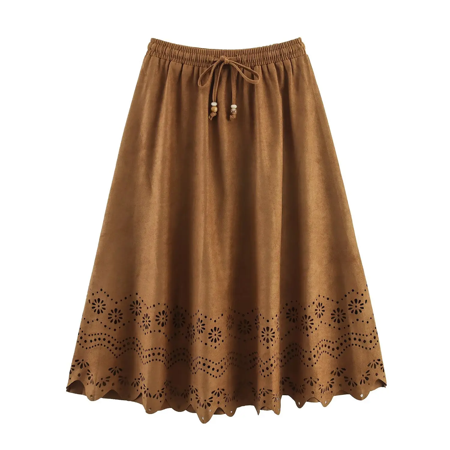 2025 Autumn New Women's Midi Skirt Suede Carved Hole Flower Retro Hippie Holiday Boho Beach Skirt A-Line Female Jupe