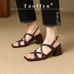 Taoffen Brand Casual Women Sandals Real Sheepskin Narrow Band Thick Heel Pumps Lady Square Toe Outdoor Slingback Shoes 2024 New