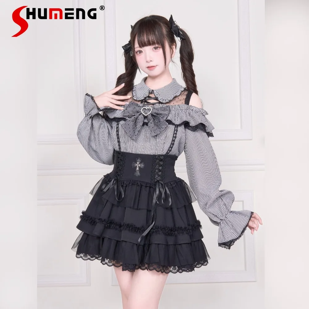 

Женская блузка в японском стиле, массового производства, с длинными рукавами, в стиле лолита, с бантом, открытыми плечами, с элементами субкультуры, с лацканами-лепестками