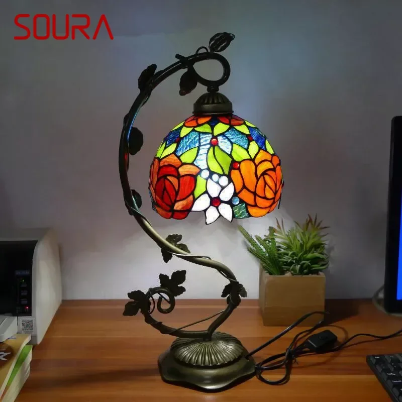 

SOURA Tiffany Table Lamp American Retro Living Room Bedroom Lamp Luxurious Villa Hotel Stained Glass Desk Lamp