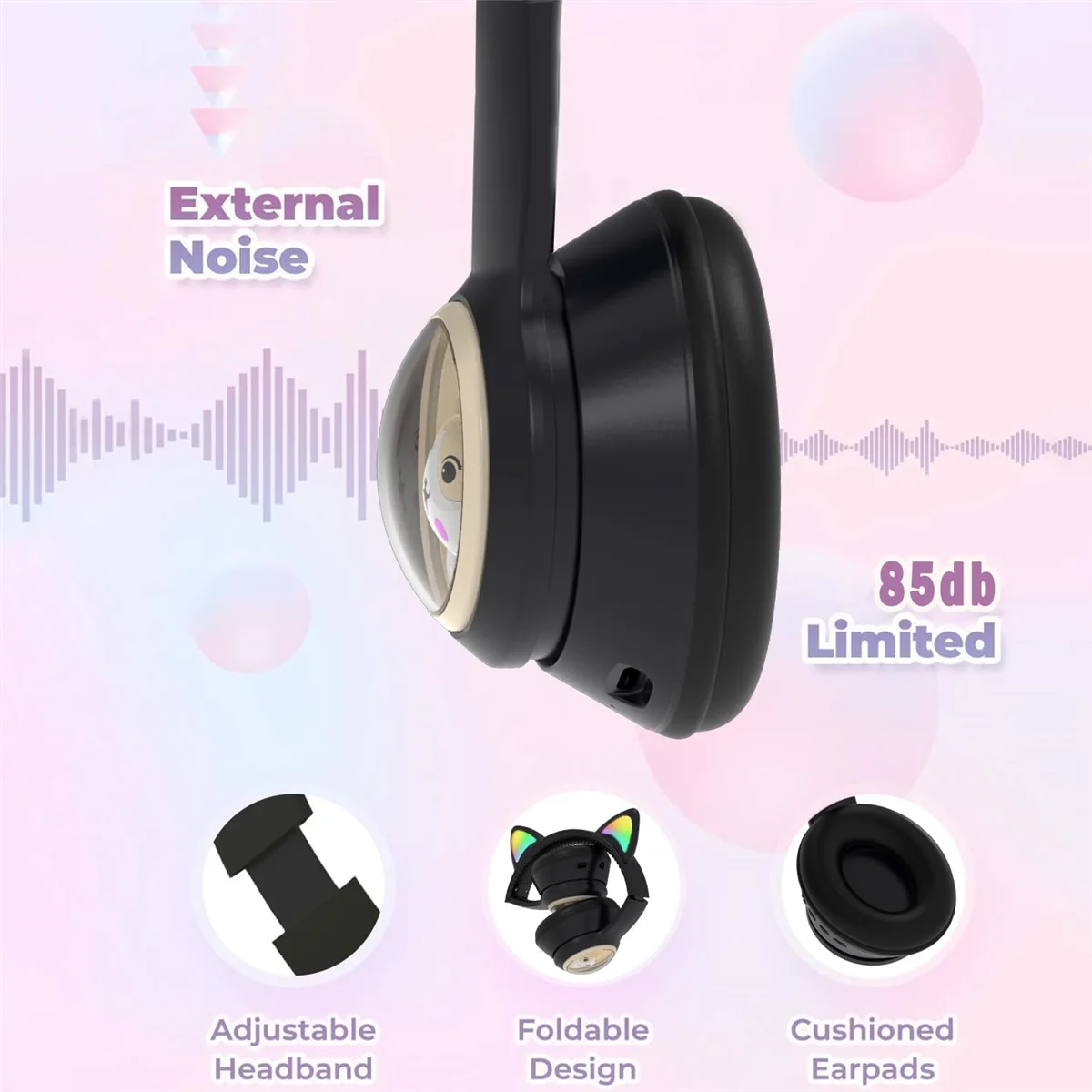 Children's Bluetooth Headphones, Foldable Wireless Headphones with LED Light, Cat Ears Game Headset for Phone-C