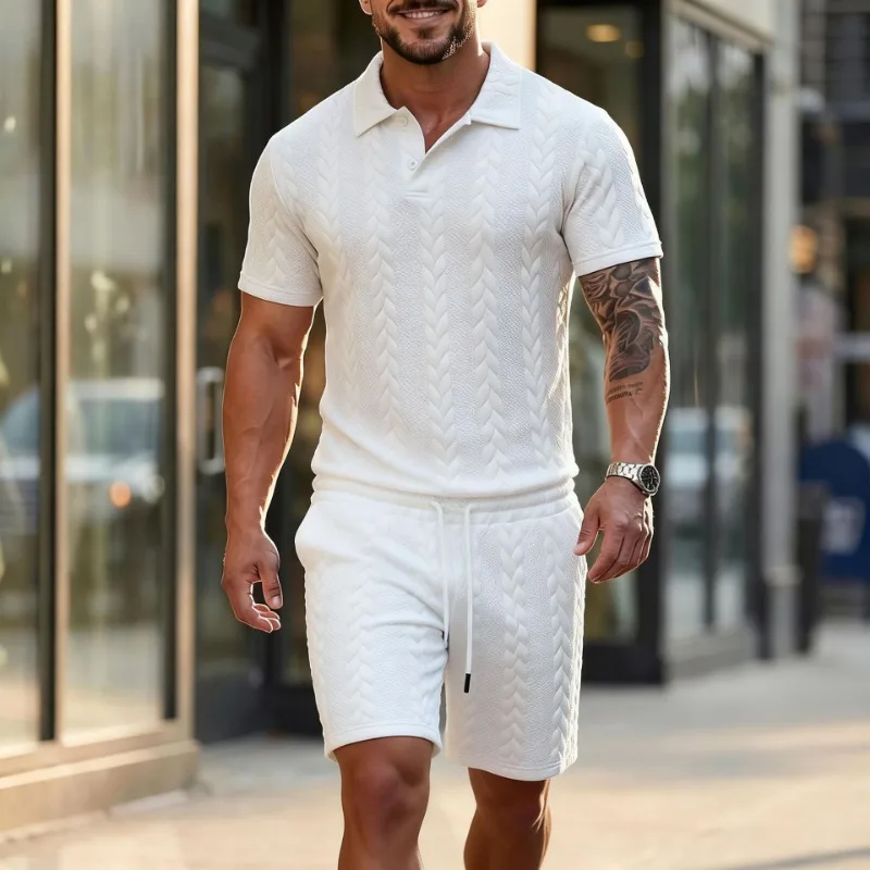 

Мужской комплект из 2 предметов: рубашка-поло с текстурой кабельной вязки и шорты на шнурке для летнего повседневного образа