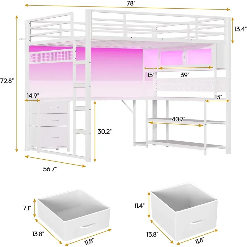 Loft Bed Full Size with Gaming Desk Arcylic RGB Hutch White