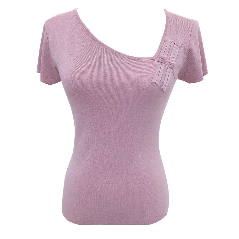 7180 Letnia Nowość Delikatny Styl Zen Jednolity Kolor Asymetryczny Kołnierz Nieregularny Cheongsam Zapinany na Guziki Krótki Rękaw T-Shirt Top