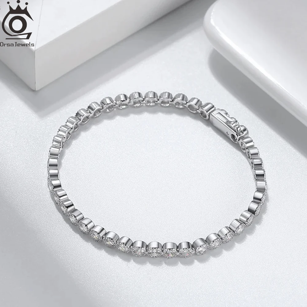 

ORSA JEWELS 3mm Round Tennis Bracelet for Women 925 Sterling Silver Round Shiny Bezel Setting Diamond Bracelets Bangle SB133