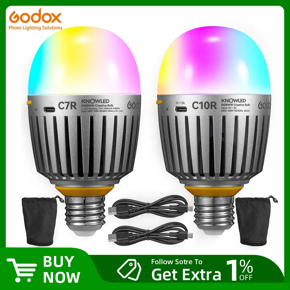 Godox C7R C10R Bluetooth adjustable RGB bulb, portable built-in battery, magnetic RGB LED light