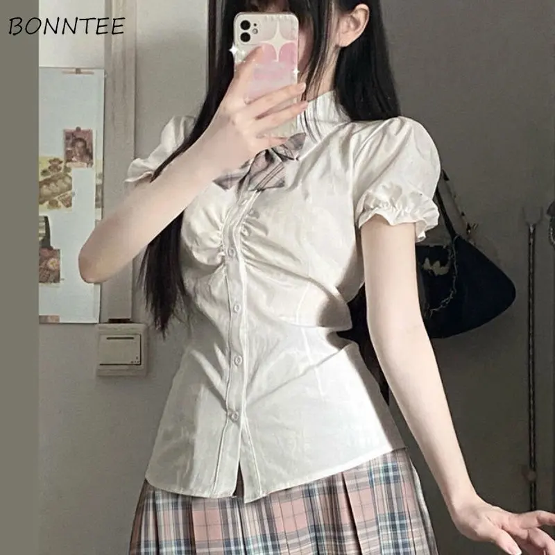 Slim Shirts Women Summer Puff Sleeve Cute Clothes Girlish Hotsweet White Crop Kpop High Street Fashion Vintage Modern Camisas