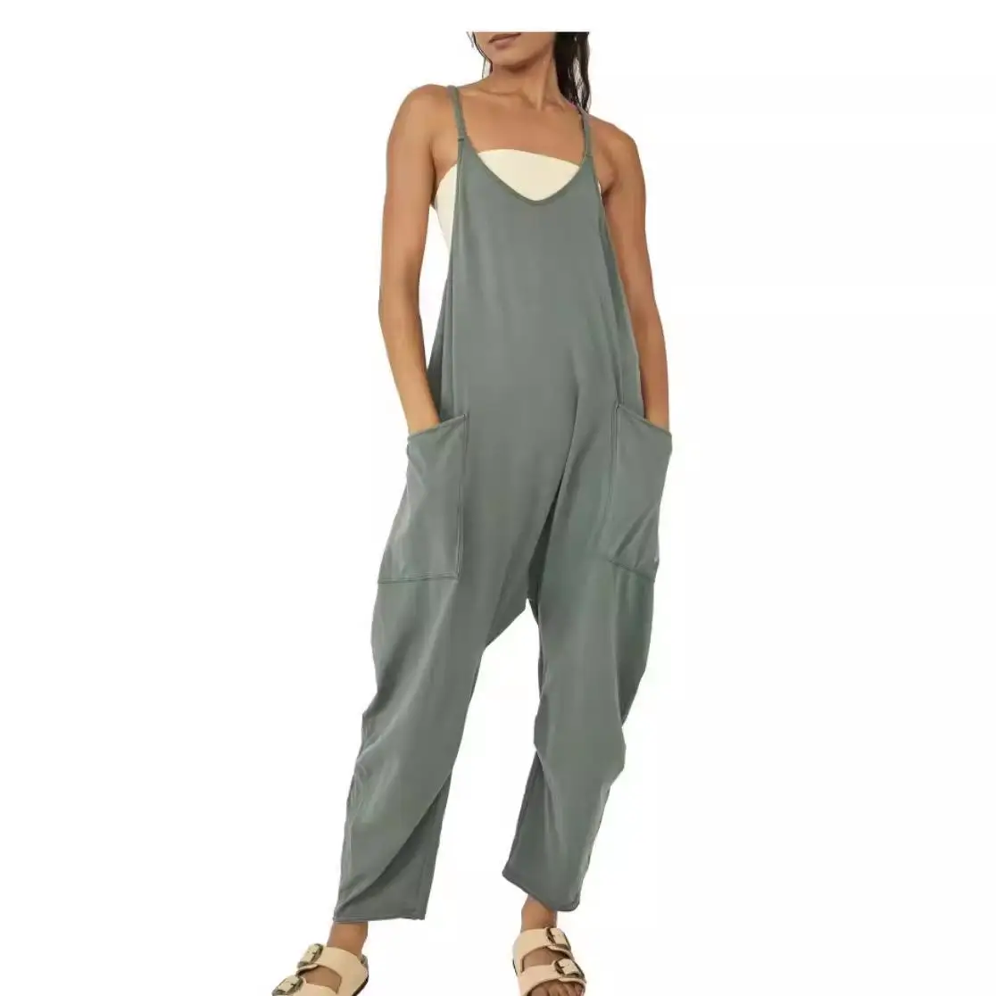 

Women's Low Waist Zipper ket Susp Jumpsuit Pants Thin Fabric Nine Points Low Waist Design No Brand Registered Trademark