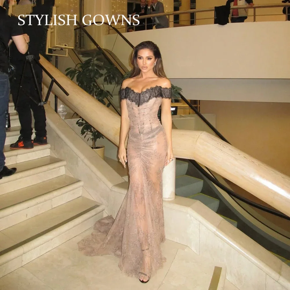 

Lace Evening Dress Off The Shoulder Mermaid Formal Occasion Dresses Elegant Sweap Train Prom Party Gowns Customized فستان ورد