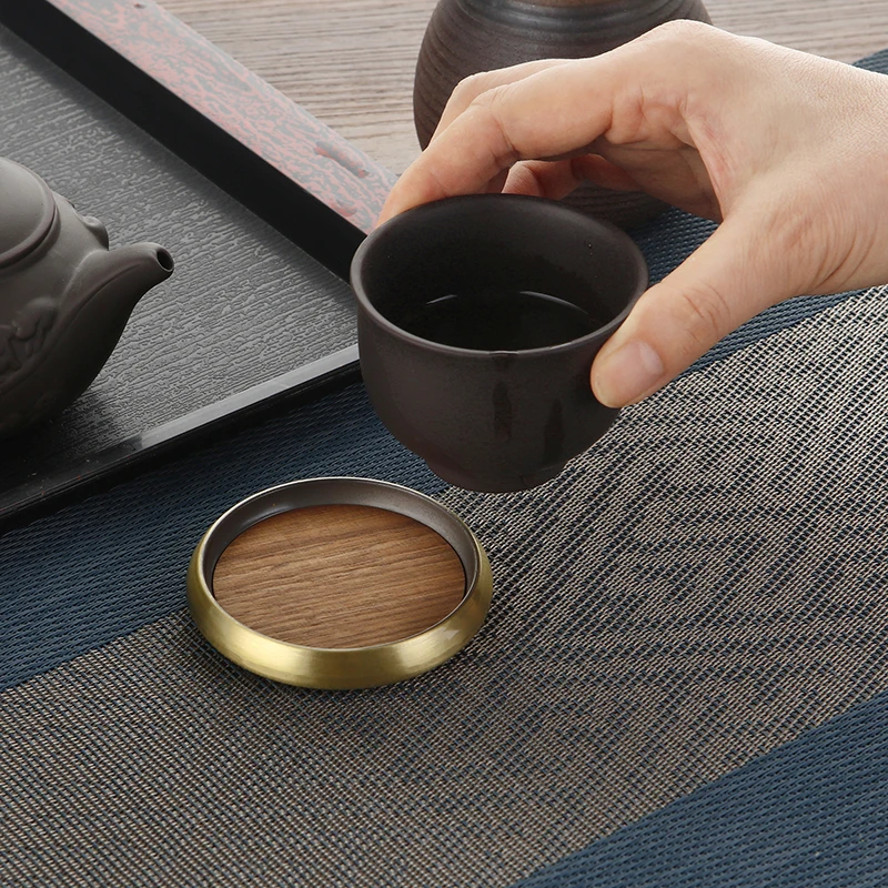High-quality Wooden Coaster with Metal Ring Heat Insulation Cup Pad Drink Cup Coaster for Tea Coffe Milk Kitchen Supplies