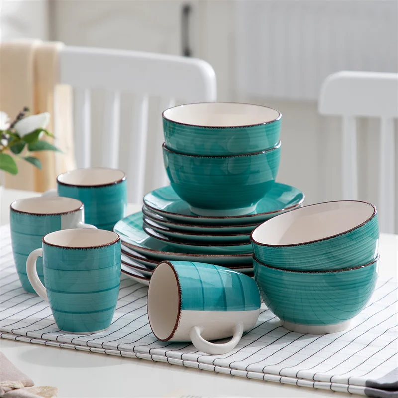 

16Pcs Porcelain Dinnerware Set Vintage Ceramic Plate Set with Dinner Plate/Dessert Plate/Bowl/Mug Set Ceramic Dishware Dishes