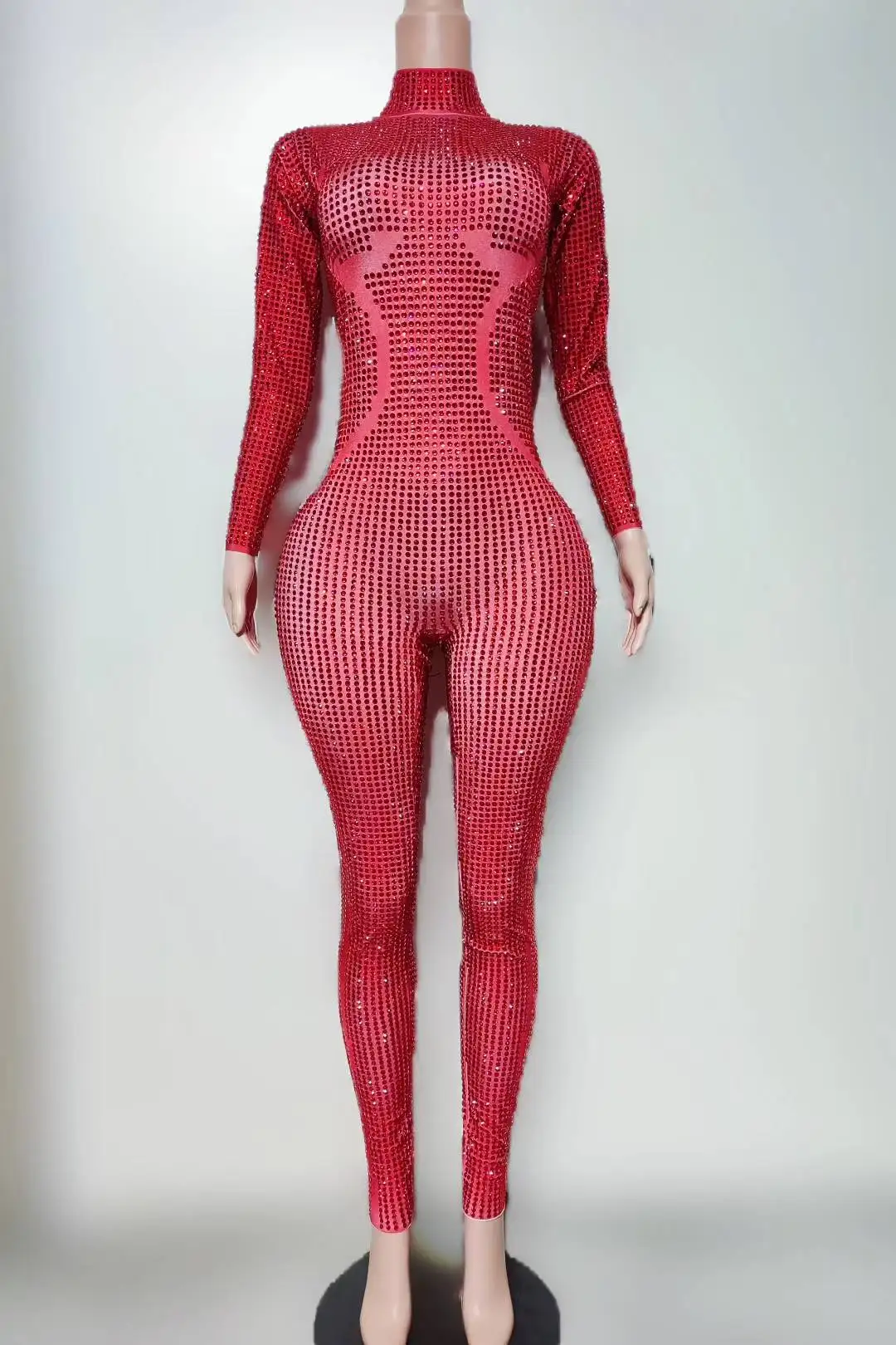 Combinaison luxueuse à strass rouges pour femmes, Sexy, extensible, Costume de danse, discothèque, chanteur, vêtements de scène, combinaison de séance photo