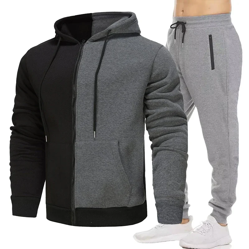 Men Autumn Winter Long Sleeve Sport Tracksuit Fashion Zipper Jackets and Sweatpants Casual Male Fleece Printed Sweater Suits